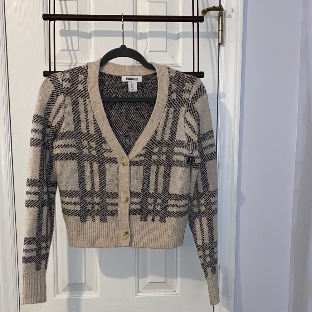 William Rast women’s cropped plaid cardigan, oatmeal and black, like new!
